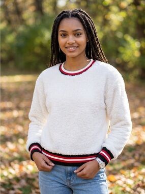 Evereve Cream Sherpa Crew Neck Sweat shirt with Red & Black Stripe Trim